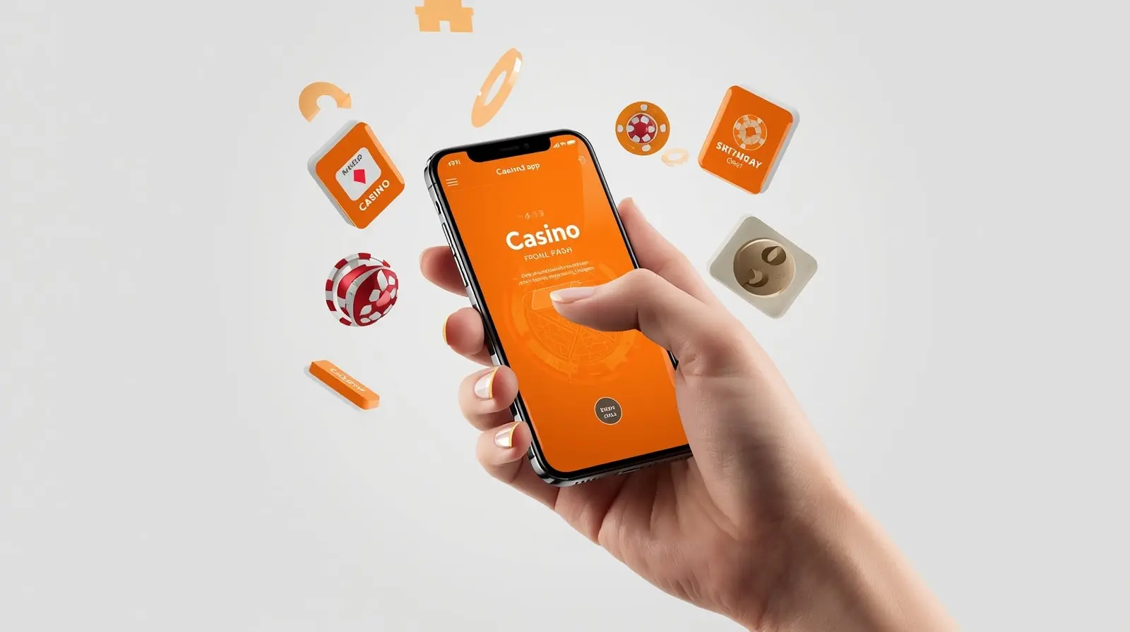 OKPlay mobile app displayed on smartphone with bright orange UI showing casino games and betting options