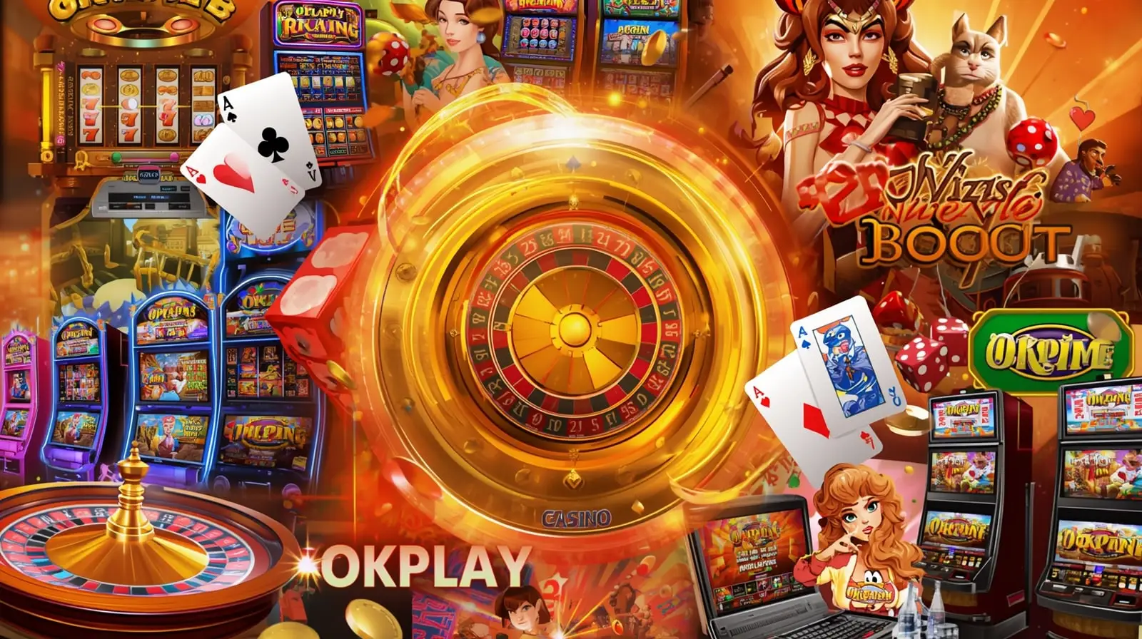 OKPlay game library featuring diverse casino games including slots, roulette, poker cards and dice in orange theme