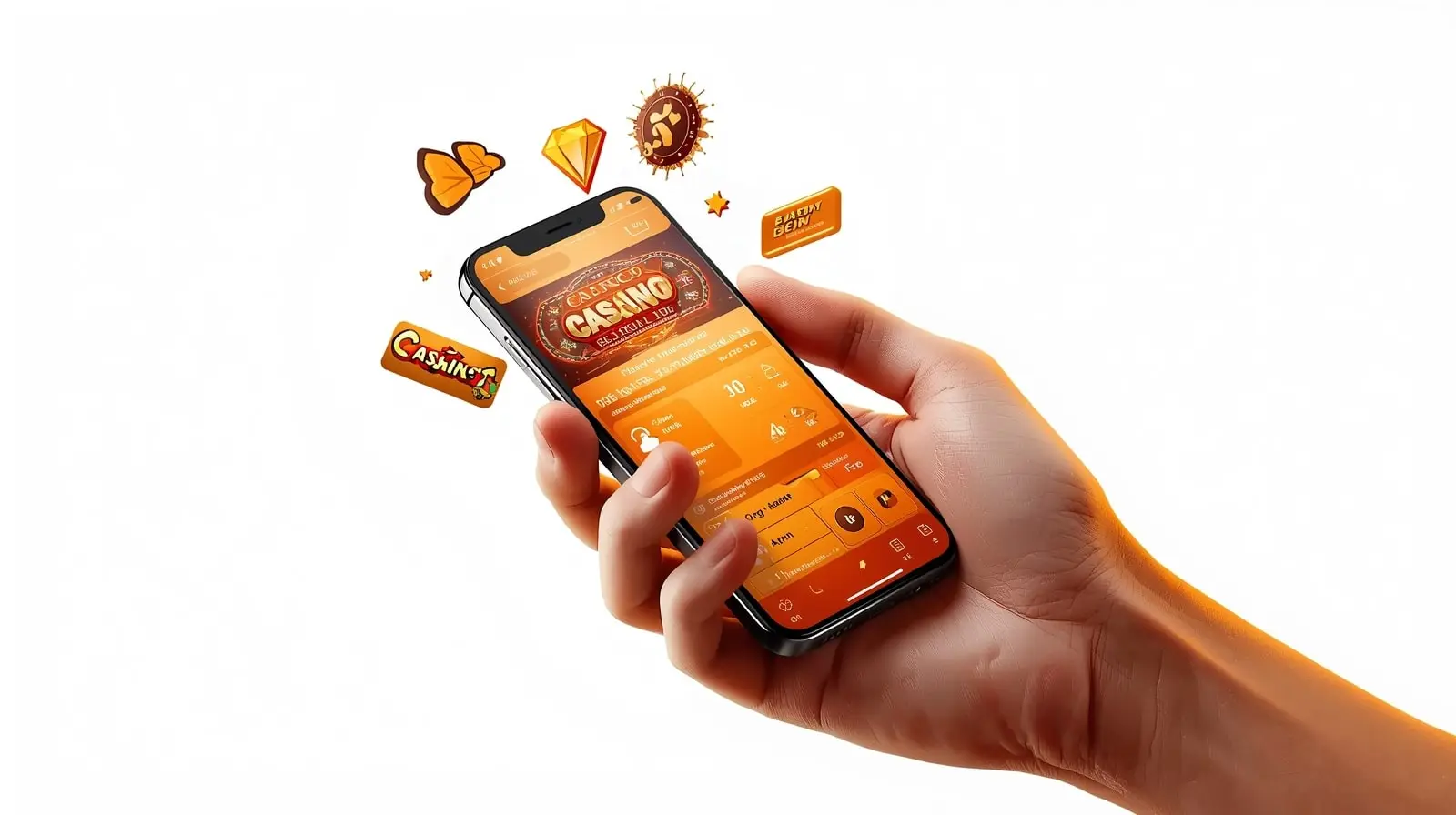 OKPlay mobile app displayed on smartphone with bright orange UI showing casino games and betting options
