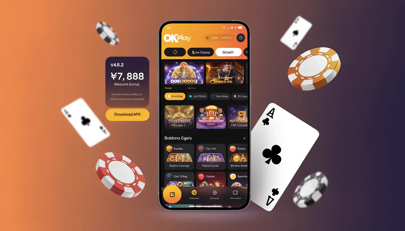 OK Play GCash APK v4.8.2 shown on Android smartphone with casino games, GCash deposit screen, and ₱7,888 welcome bonus