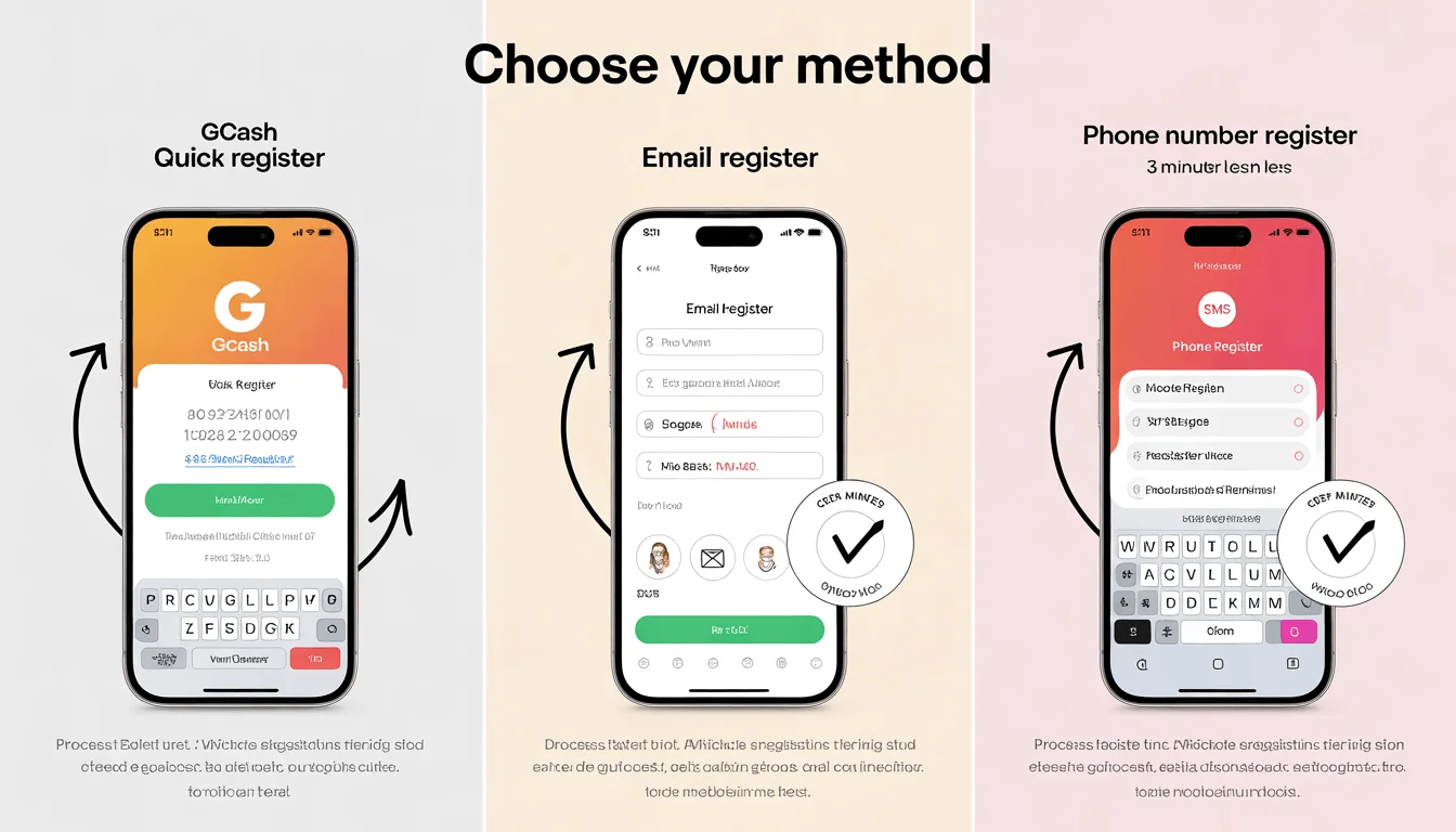 OKPlay PH register guide showing GCash, email, and phone signup methods — complete in under 3 minutes