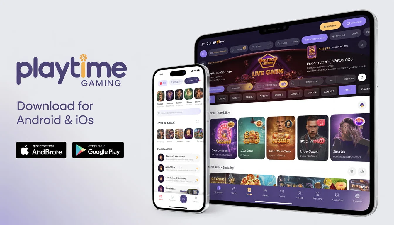 Playtime Gaming app interface showing casino games on Android and iOS devices