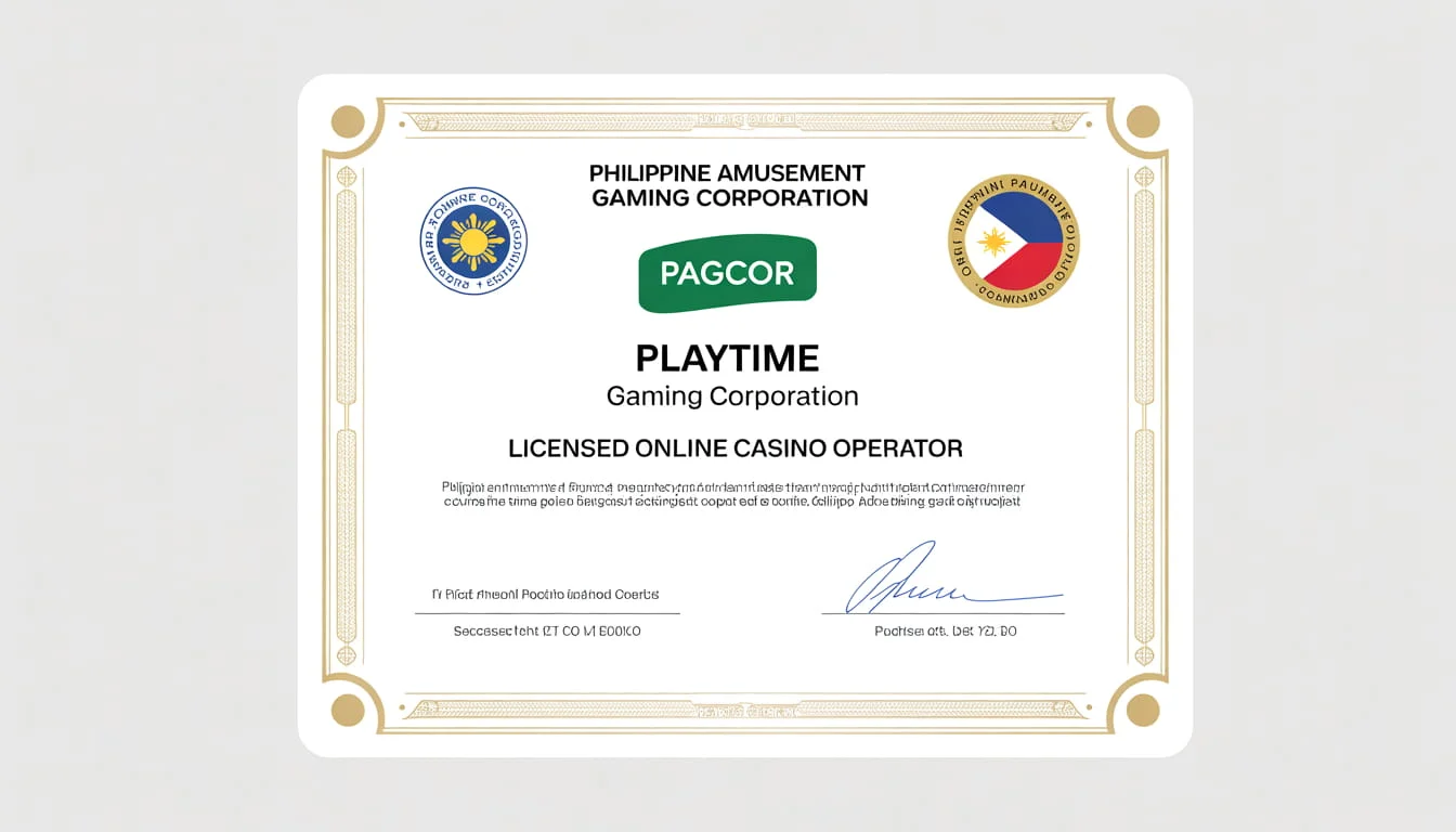 Playtime Gaming PAGCOR license certification for legal Philippine online casino