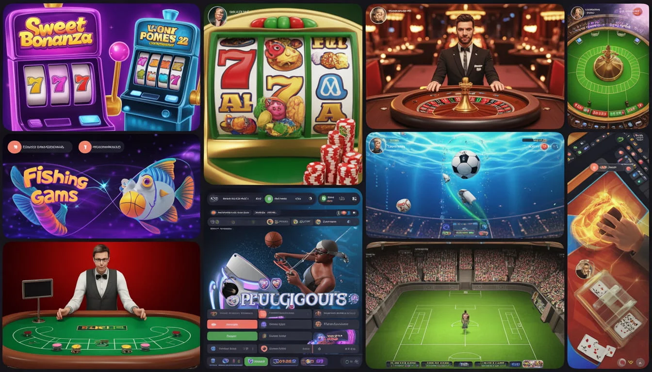 Playtime Gaming diverse casino game collection including slots, live casino, and sports betting